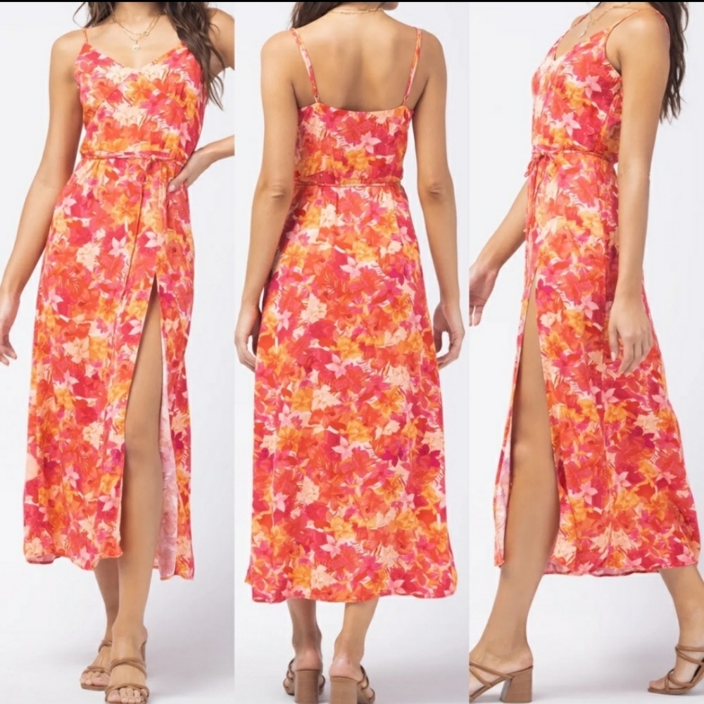 NWT L* Space Harper Spaghetti Strap Midi Dress Pink Orange Size S